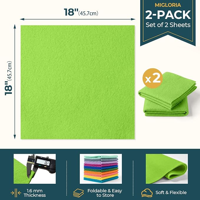 Felt Fabric Sheet 18 x 18 Inch, 1.6mm Thick | Soft and Flexible Nonwoven