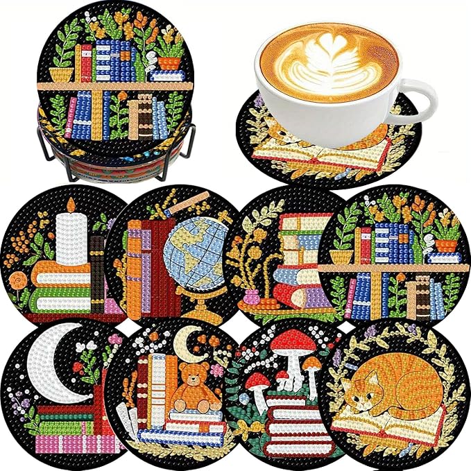 Clendo 8 Pcs 5D Book Diamond Art Coasters Kits