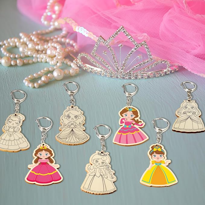 RattanView 24 Pcs Princess Craft Color Your Own Keychains DIY Craft Wooden