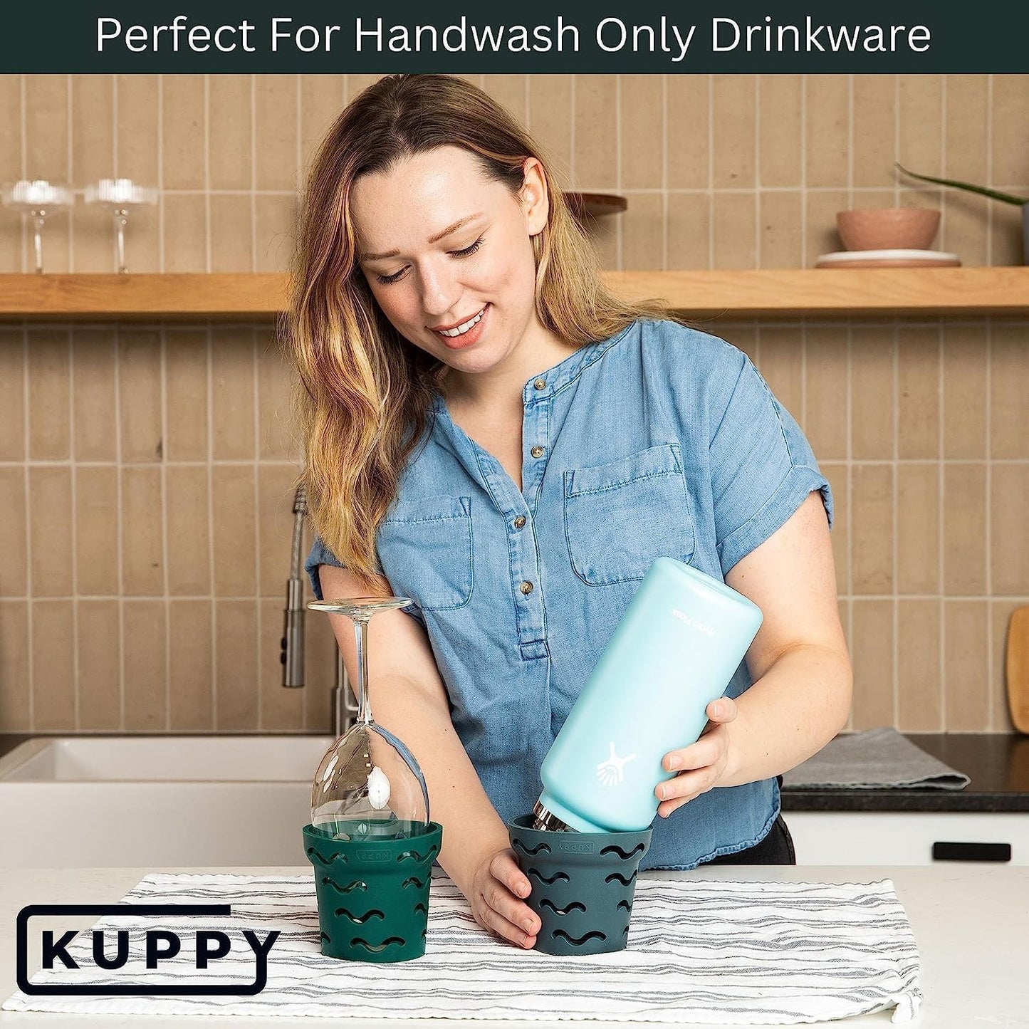 Kuppy Silicone Water Bottle Drying Rack - Fast-Dry Bottle Dryer for 20-64oz Cups - Reusable Food Storage Bag Drying Rack - Compatible with Stanley, Owala, Stasher (Green, 2-Pack)