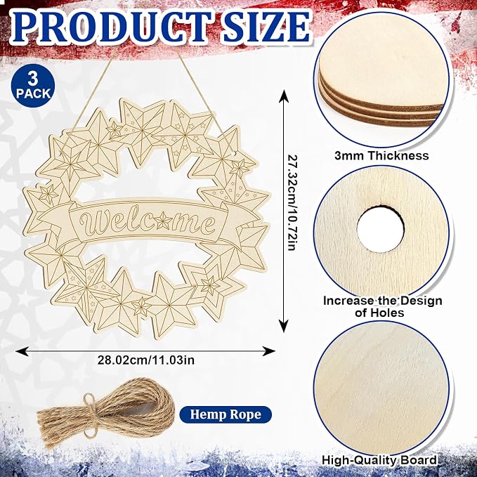Large 12" Wooden 4th of July Crafts Star Ornaments to Paint, DIY Blank