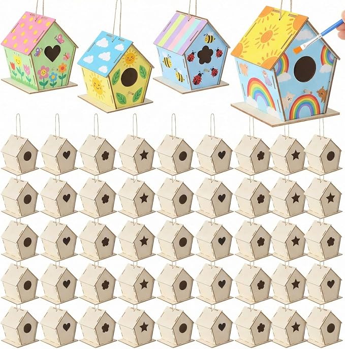 DoubleFill 48 Pcs 4. 33" DIY Wooden Birdhouses Craft