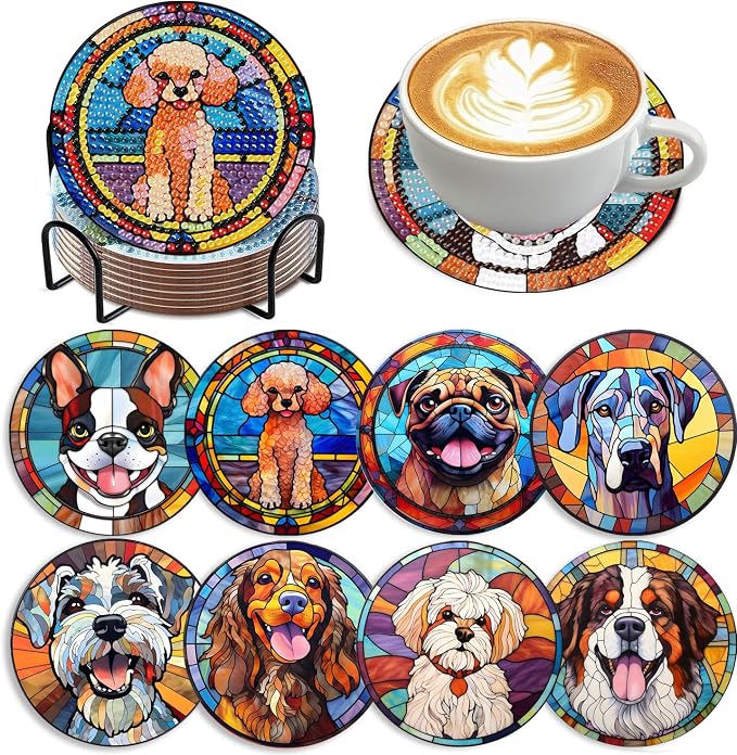 Zythron 8 Pack Dog Diamond Art Coasters, Diamond Painting Coasters Kits | Dog