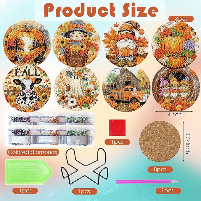 ijbnhd 8 Pcs Diamond Art Coasters Kits Autumn | Diamond Painting Coasters Kit
