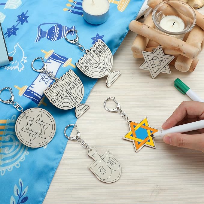 RattanView 24 Pcs Hanukkah Craft Color Your Own Keychains DIY Craft Wooden
