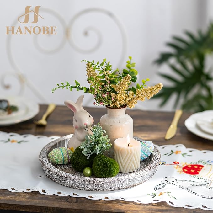 Hanobe Decorative Coffee Table Tray, Round Wood Candle Holder Plate | Wooden