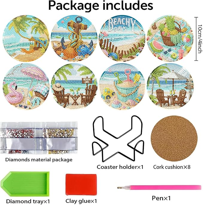 Benjenes 8 PCS Diamond Art Coasters Kits Beach Diamond Painting Coaster |