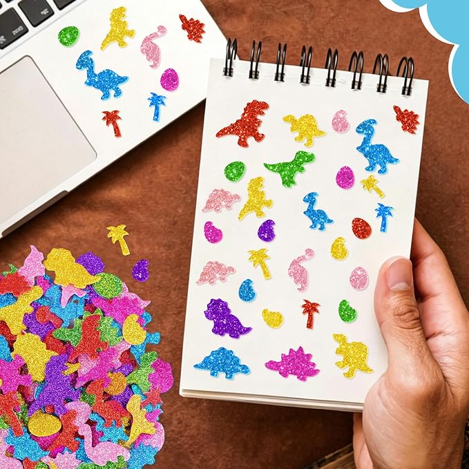 681 Pcs Glitter Foam Stickers, Dinosaur Shapes Stickers, 7 Sheets Colorful 3D