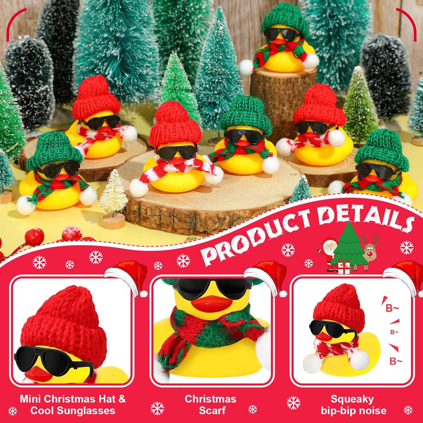 Syhood 24 Sets Christmas Mini Rubber Duck Bulk with Sunglasses Scarf Hats and Adhesive Dots Duckies Bath Toy Xmas Decor for Christmas Winter Gift Cruise Birthday Party (Classic Hat)