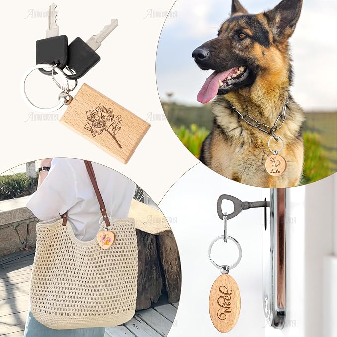AUEAR, Blank Wooden Key Chain Wood Keychain Key Ring Key Tags Personalized EDC
