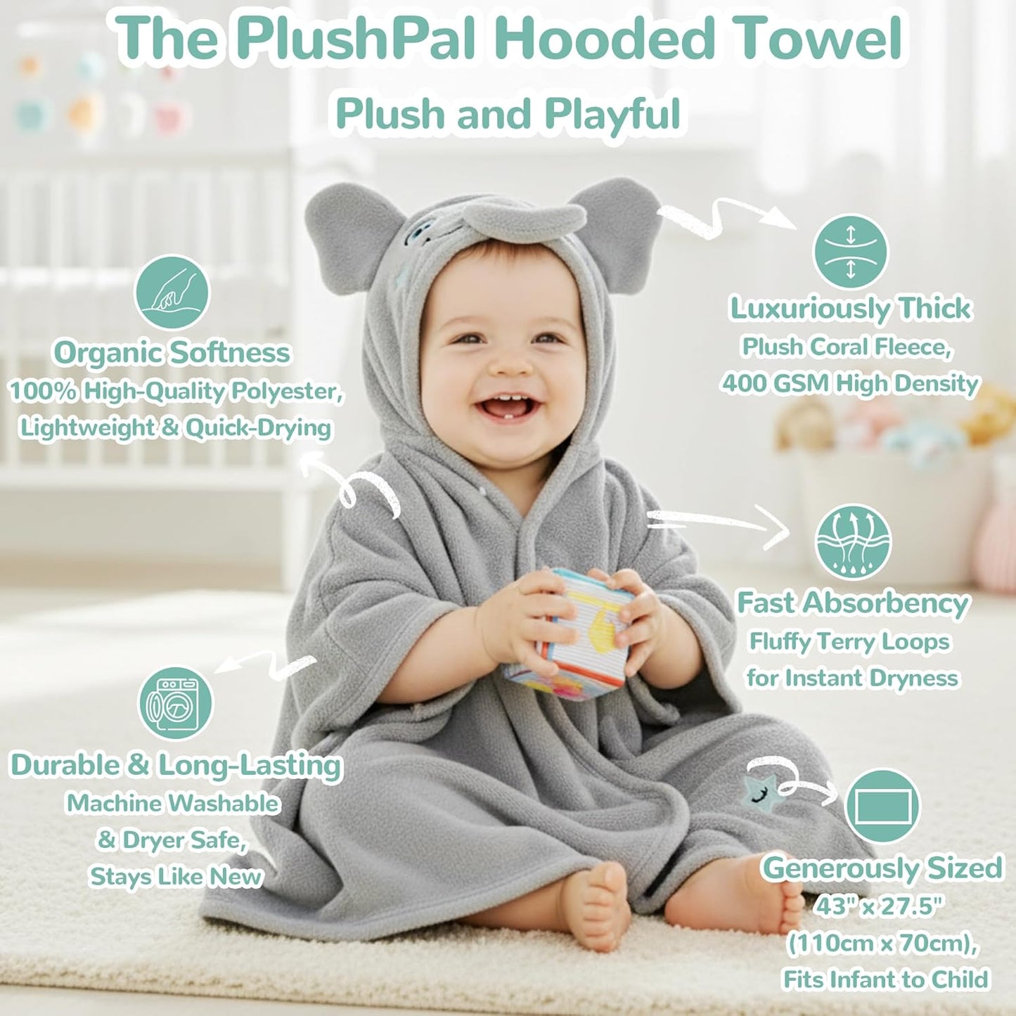 HECCEI HoodieHug Baby Towels, Premium Coral Fleece Bath Towel with Large Size-Ultra Absorbent for Baby Comfort- Great Gift for Newborn, Toddler and Kid (Elephant)