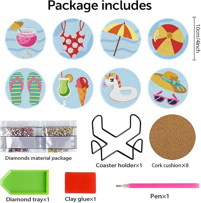 Benjenes 8PCS Summer Diamond Art Coasters Kit