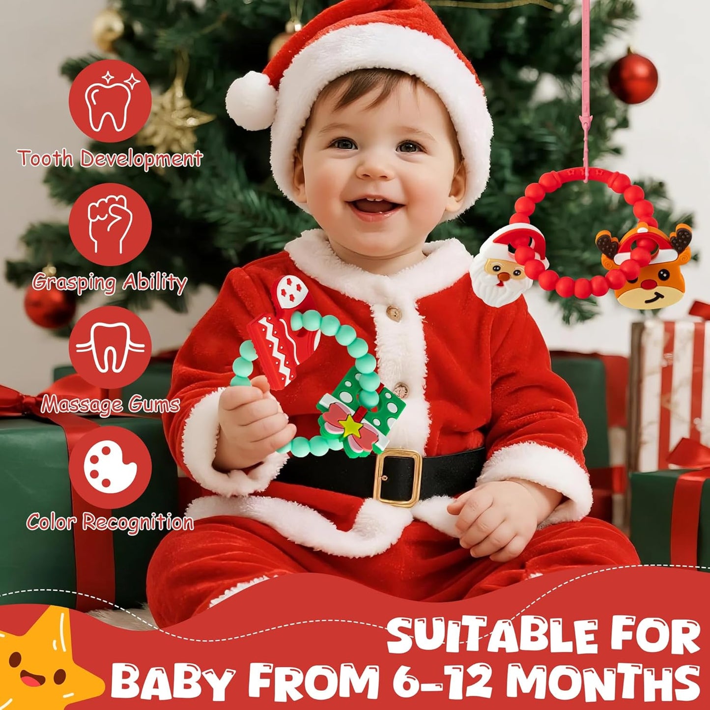 Christmas Baby Silicone Teether Toys - 2ooya 2Pcs Deer Gift Teething Ring Infant Soft Teether Toddler Sensory Chew Toy with Rattles for Newborn to Soothe Sore Gums The First Christmas Gifts for Babies
