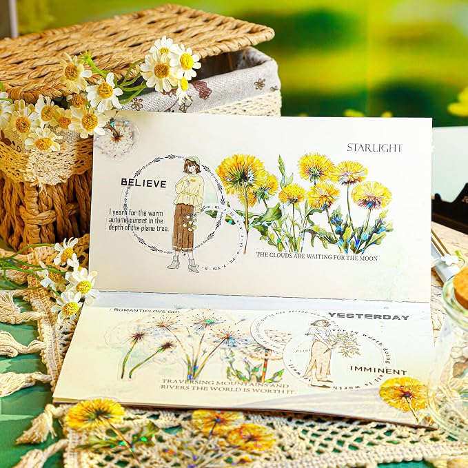 Dandelion Floral PET Stickers Set, Journaling, DIY Crafts, and Art Supplies