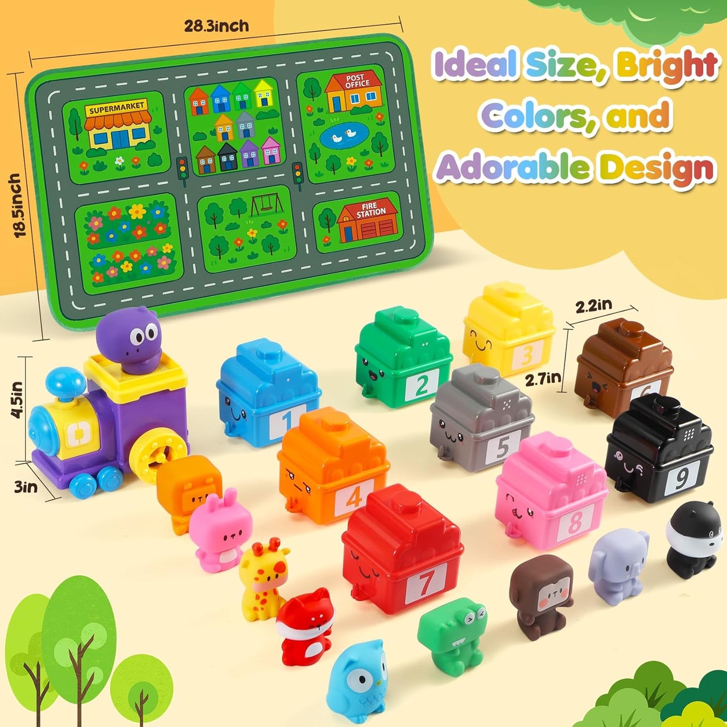 URMYWO Toys for 1 2 3 Years Old Boy Girl, Montessori Learning Toys for 1 2 3 Years Old Toddler, Train Set with 10 Finger Puppets&Play Mat, Counting, Matching & Sorting, Toddler Boy Girl