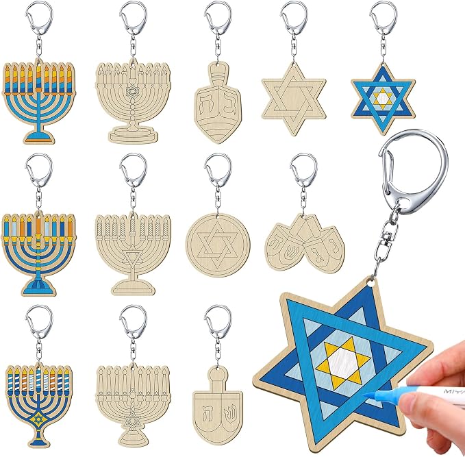 RattanView 24 Pcs Hanukkah Craft Color Your Own Keychains DIY Craft Wooden