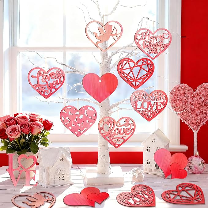 36PCS Wooden Heart Ornaments to Paint Valentine's Day Craft, 9 Styles DIY Blank