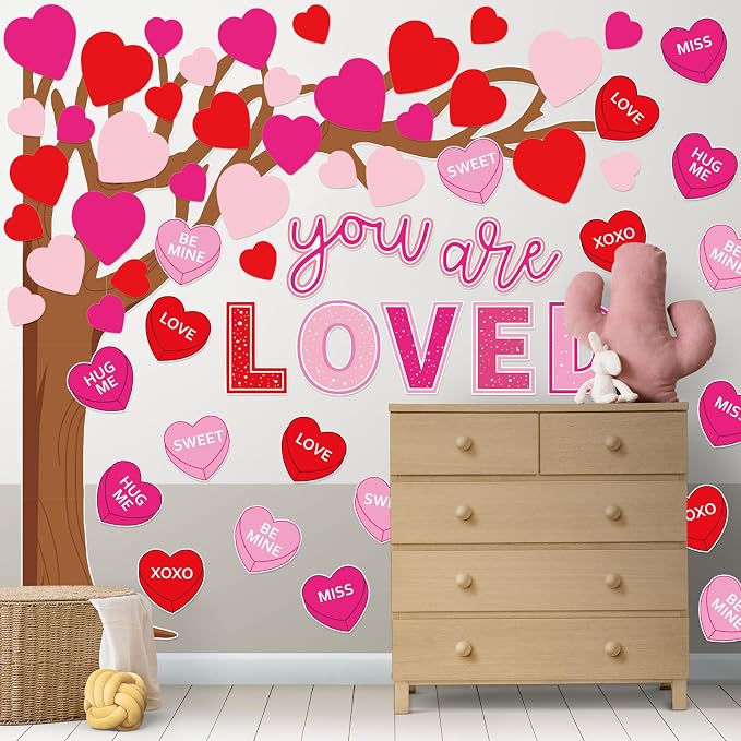 Whaline 99Pcs Valentine's Day Tree Bulletin Board Decoration Red Pink Heart