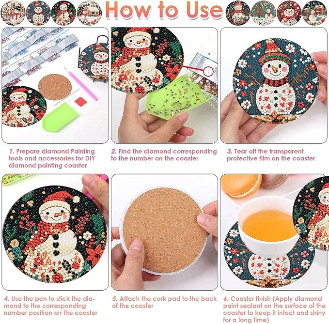 ijbnhd 8 PCS Diamond Art Coasters, Christmas Snowman Cork Wooden Pad | Diamond