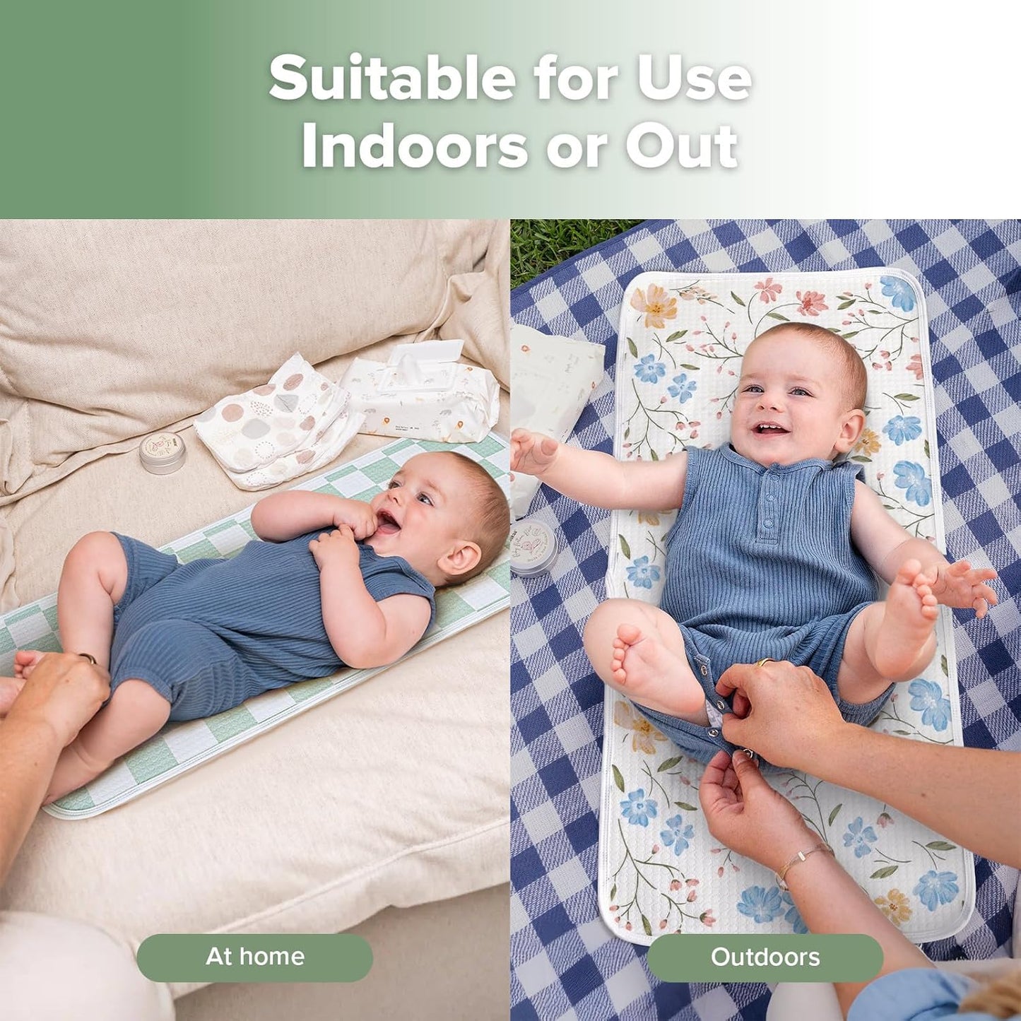 haakaa Waterproof Changing Pad Liners, 100% Cotton, Soft & Breathable (2pcs, 13" x 27.5" Garden Flow+Checkered Days)