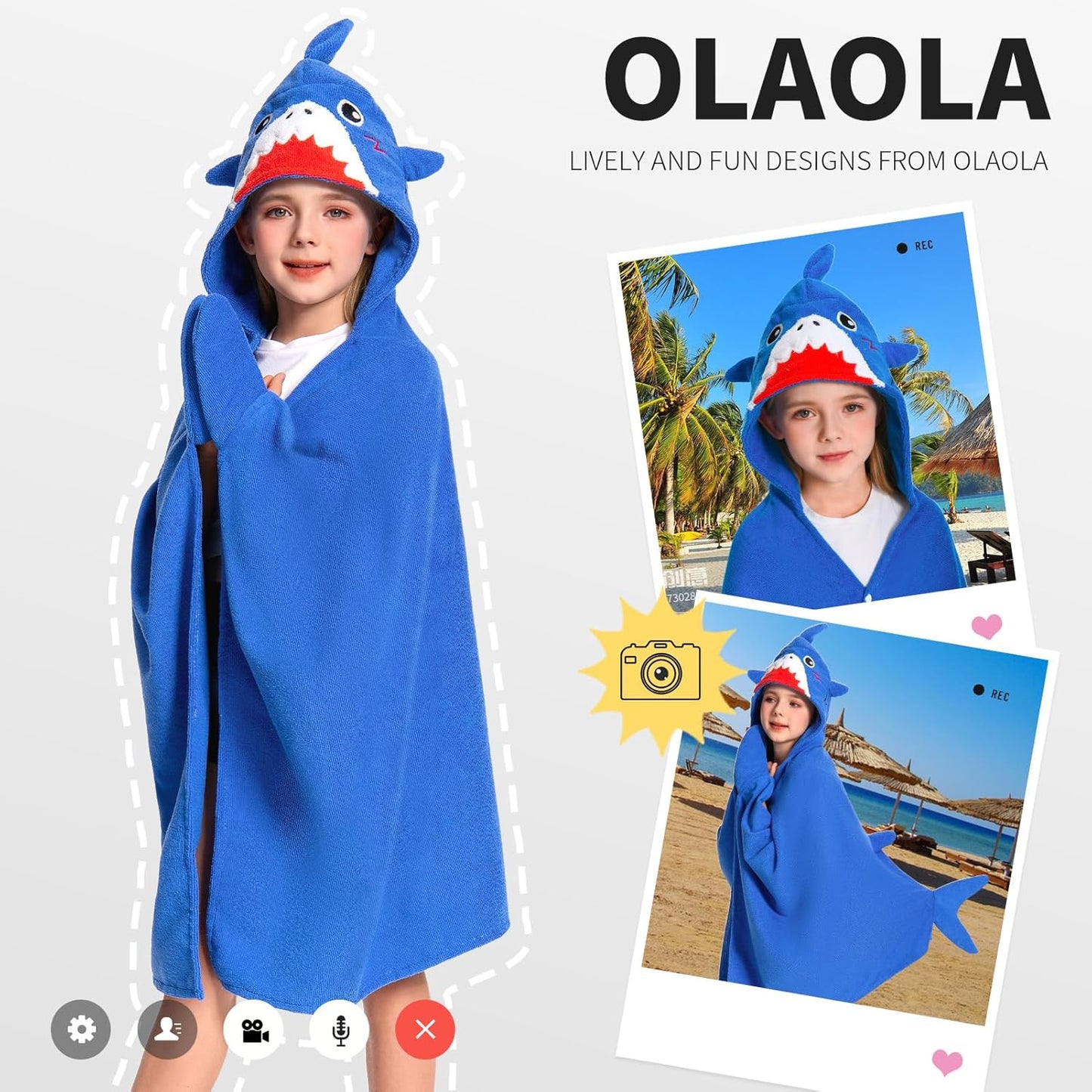 OLAOLA Shark Hooded Towel for Kids 3-12 Years, 28" x 53" Soft Thick Absorbent Beach Towels, Toddler Bath Towel Wrap, Swim Pool Towels Poncho for Boys Girls