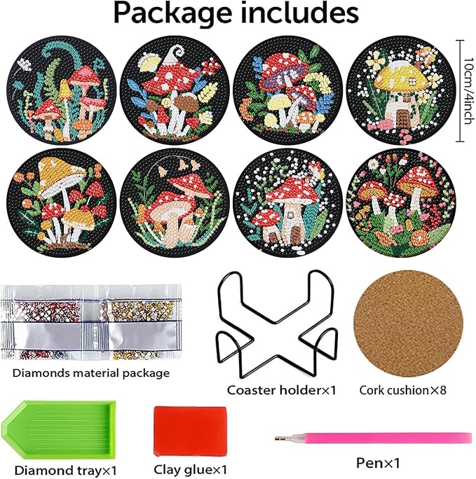 8 PCS Mushrooms Diamond Art Coasters Kits Cute Diamond Painting Coaster |