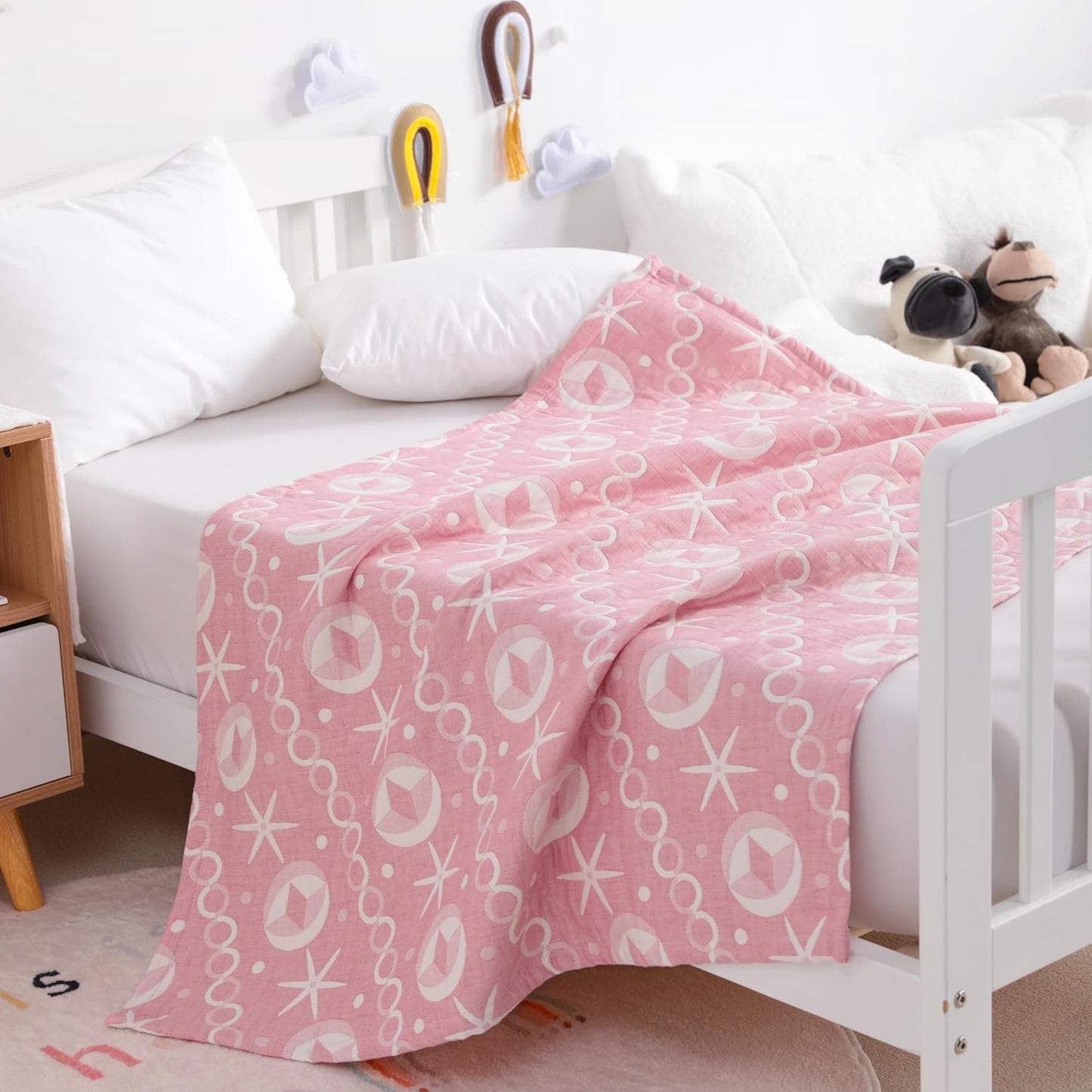 NTBAY 3 Layer Toddler Blanket, Muslin Cotton Jacquard Bed Blankets, Lightweight Thermal Baby Blanket, Super Soft and Warm Crib Blanket for All Seasons, Decoration Gift, 30"x40", Pink Starfish