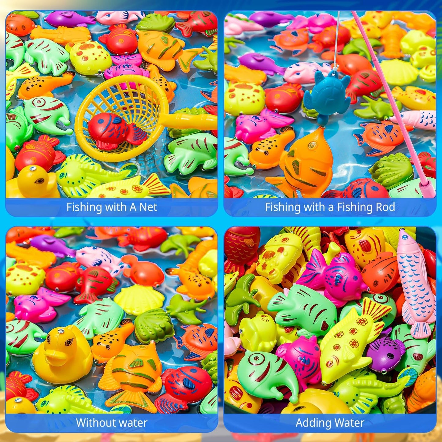 62Pcs Magnetic Fishing Game for Kids, Bathtub Kiddie Party Toy, Plastic Floating Fish with Pole Rod Net, Bath Toys for Kids Ages 4-8
