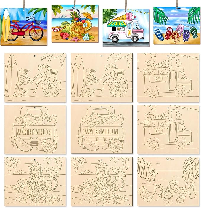 COCHIE 10 Pieces Large Summer Unfinished Wood Crafts to Paint