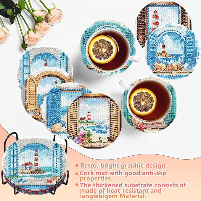 8 PCS Diamond Art Coasters Kits Lighthouse Diamond Painting Coaster | Diamond