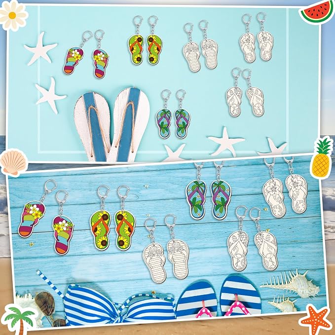 RattanView 24 Pcs Flip Flop Slipper Craft Color Your Own Keychains DIY Craft