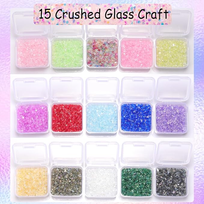 15 Colors Transparent Crushed Glass Chips 225g/7.9oz, 2-4mm Shiny Irregular
