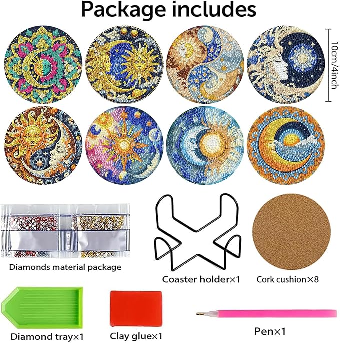 8 PCS Diamond Art Coasters Kits Sun and Month Diamond Painting Coaster |