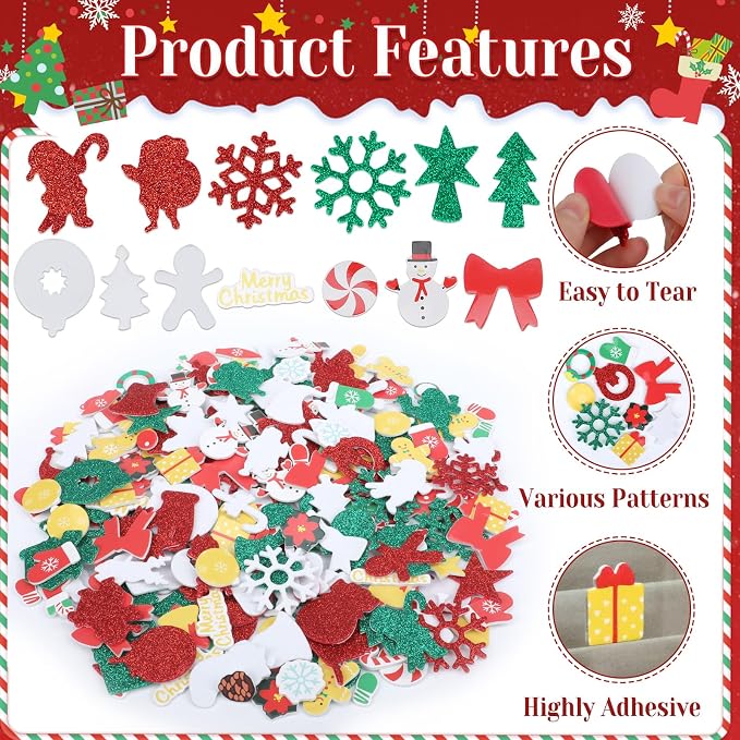 Coopay 600 Pcs Christmas Foam Stickers, Self-Adhesive Glitter Foam Stickers
