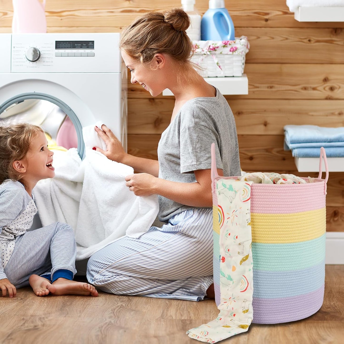 Rope Laundry Basket Hamper for Kids Girl Woven Storage Basket for Living Room Bedroom Boho Tall Baskets for Blanket Toys Pillow Towels Baby Nursery Hamper Bin rainbow