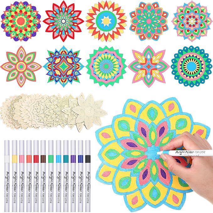 Vercraft 22 Pcs Wooden Mandala Painting Set 10 Mandala Unfinished Wood Cutouts