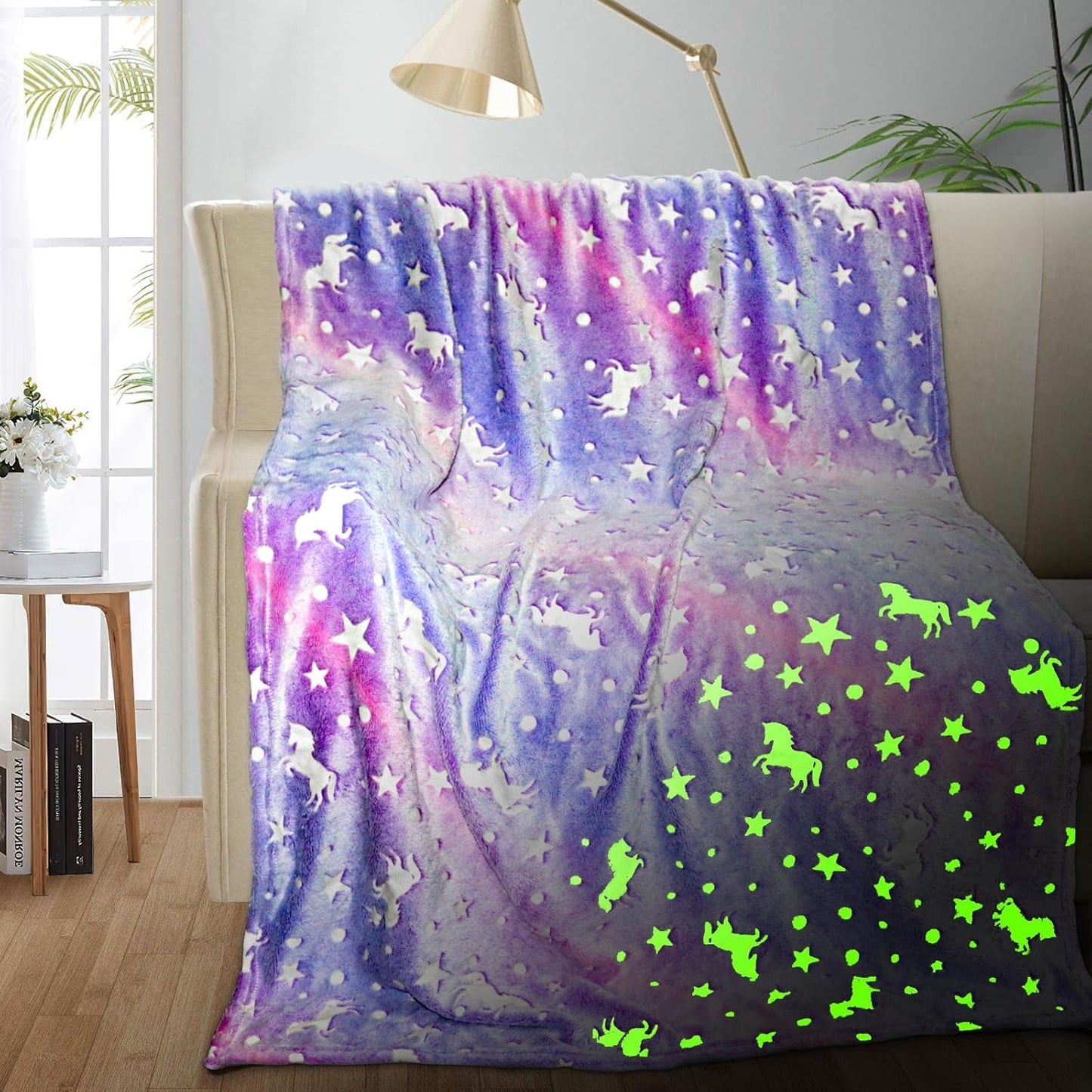 Unicorn Glow in the Dark Kids Blanket, 50"x60" Soft Fleece Throw for Girls Age 3-12