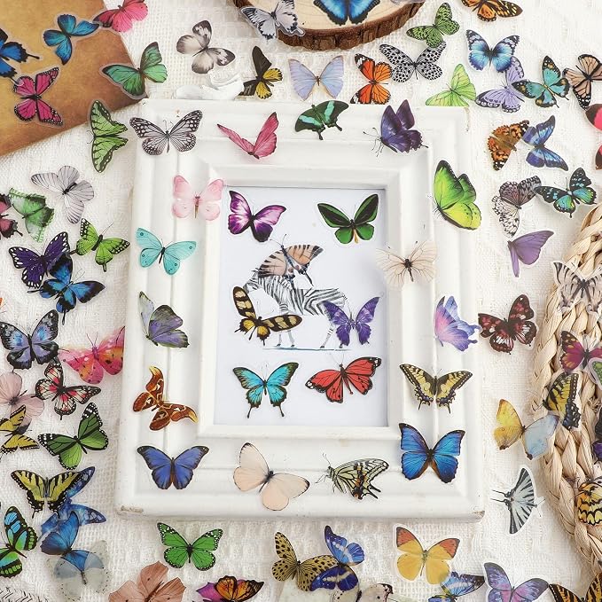 COMNICO 240PCS Butterfly Stickers, PET Waterproof Transparent Colorful Resin