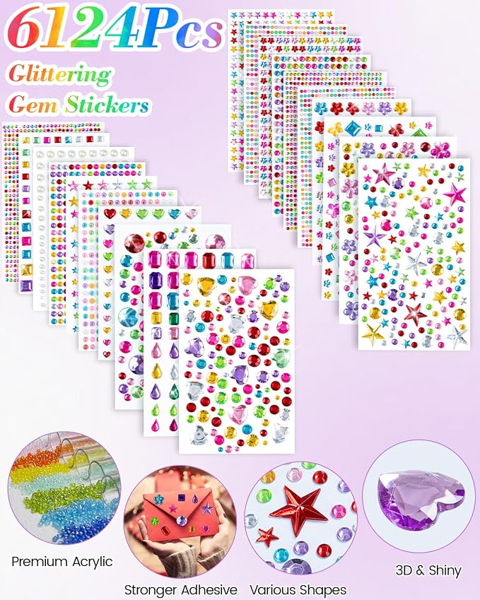 6124Pcs Gem Stickers-Self-Adhesive Face Jewelry Stickers, Acrylic Gems DIY
