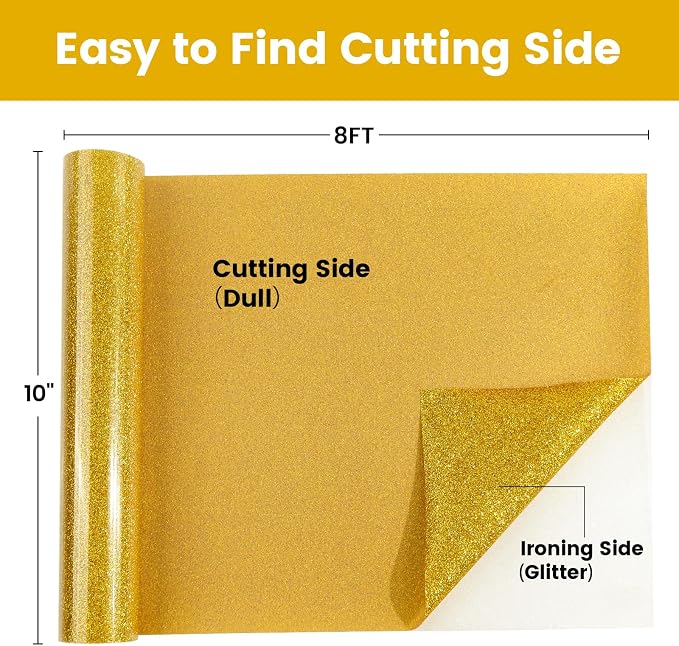 Gold Glitter HTV Heat Transfer Vinyl, Glitter Iron on Vinyl Roll 10" x 8ft |