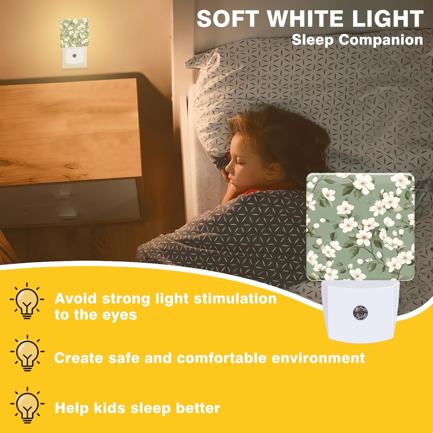 Night Light White and Green Flowers Night Lights Plug into Wall Smart Dusk to Dawn Sensor 0.5W Energy Efficient Led Lamp for Men Women Bedroom Bathroom Hallway Stairway Decor