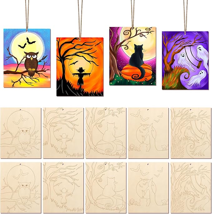COCHIE 10PCS Large Halloween Unfinished Wood Crafts to Paint