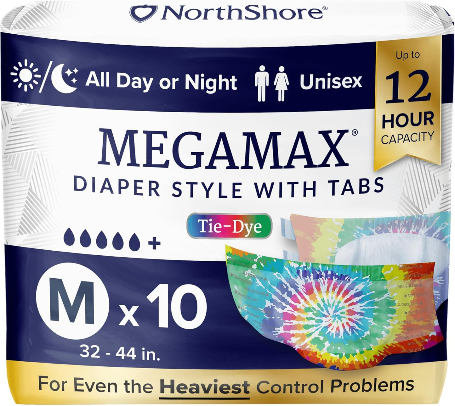NorthShore MegaMax Adult Overnight Diapers, 12-Hour Tab-Style, Medium, 10 Count Bag, Tie-Dye, 32-44 inches, Unisex Incontinence Underwear