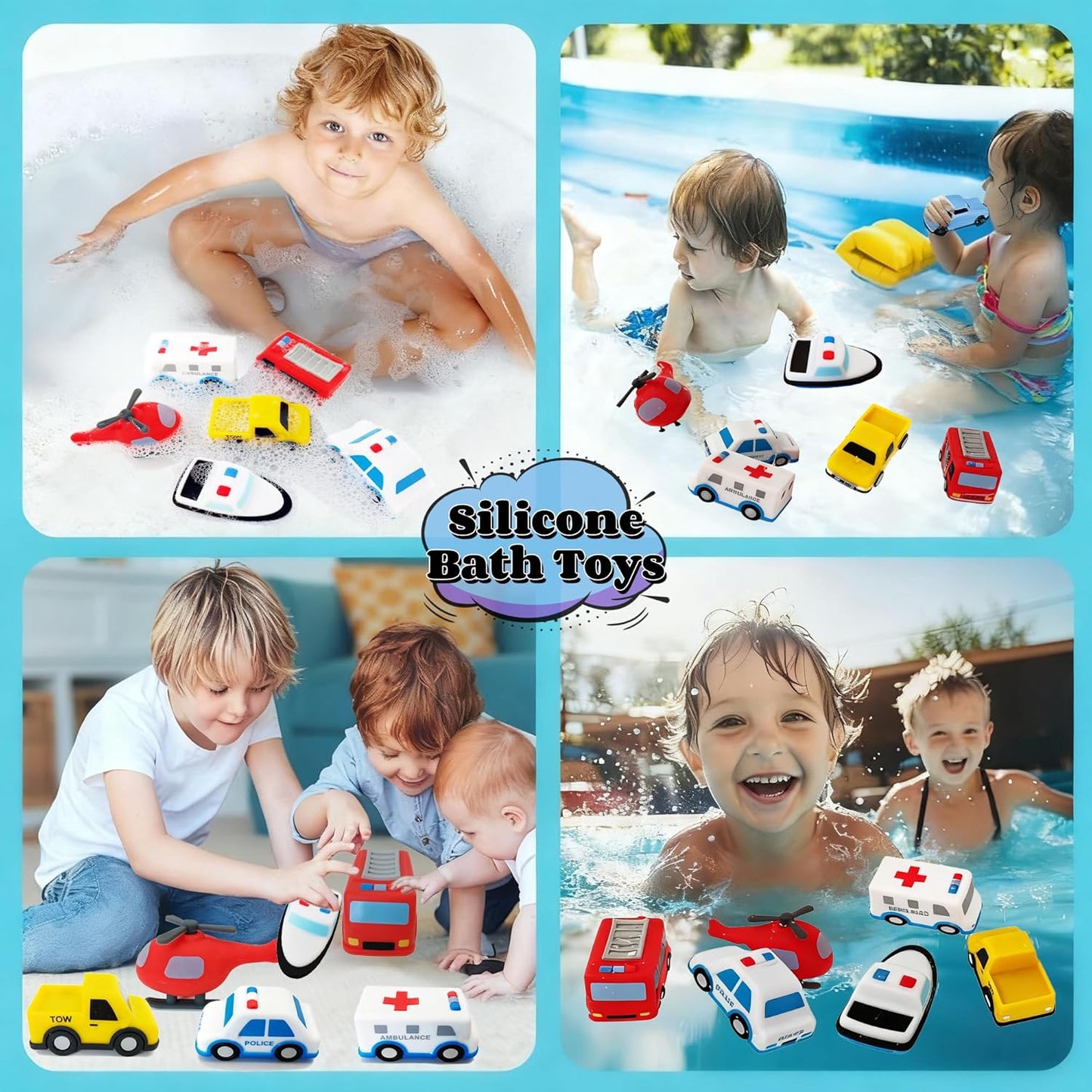 Silicone Bath Toys with No Holes |6pcs Mold Free Baby Bath Toys for Kids1-3 |Baby Bath Cars Set |Sealed Design Prevents Water Trapping |Soft, Squeezable & Floating Bathtub Toys For 2-4 Toddlers (cars)