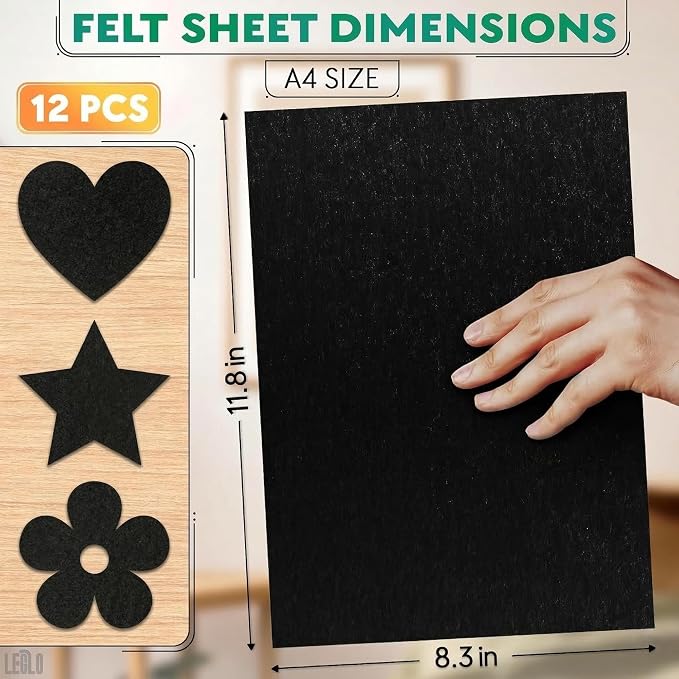 LEGLO Black Felt Sheets 12 Pcs, Sticky-Back A4 Craft Fabric, 8.3 x 11.8 in |