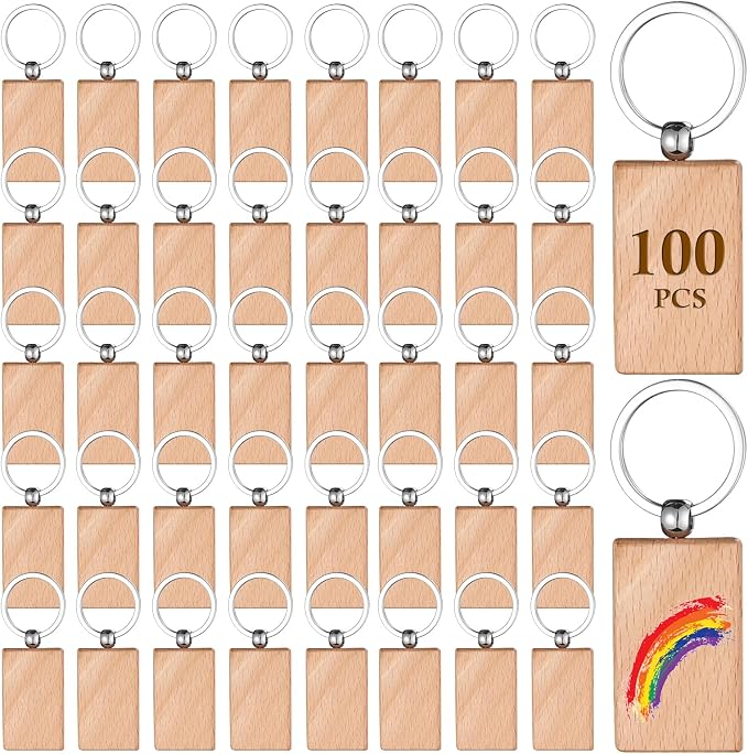 Wood Key Chain Bulk 100 Pcs Rectangle Wooden Blank Tags | Unfinished Wood Blanks