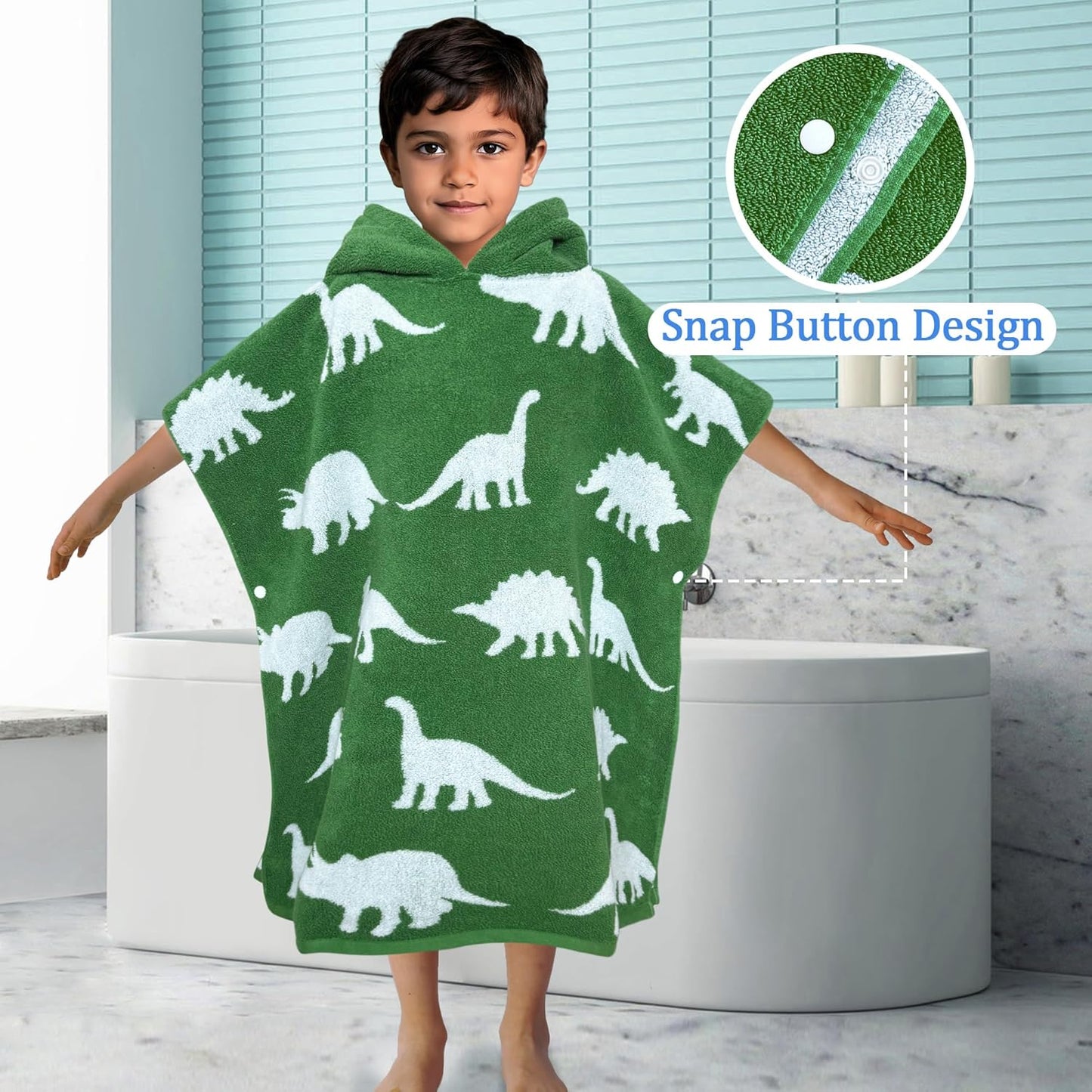 VOOVA & MOVAS Kids Poncho Towels with Hood (4-8Years,28"x28"),Soft Cotton Thick Absorbent Towel Robe for Toddler Boys,Perfect for Bathroom | Pool | Beach | Swimming, Jacquard Green Dinosaur