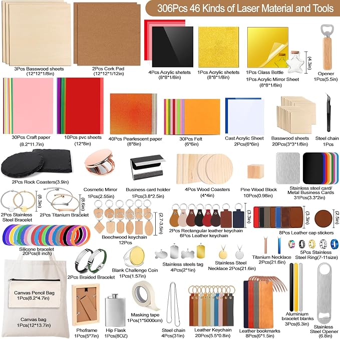 Adrattnay Laser Material Explore Kit, 46 Kinds Blanks Includes Basswood