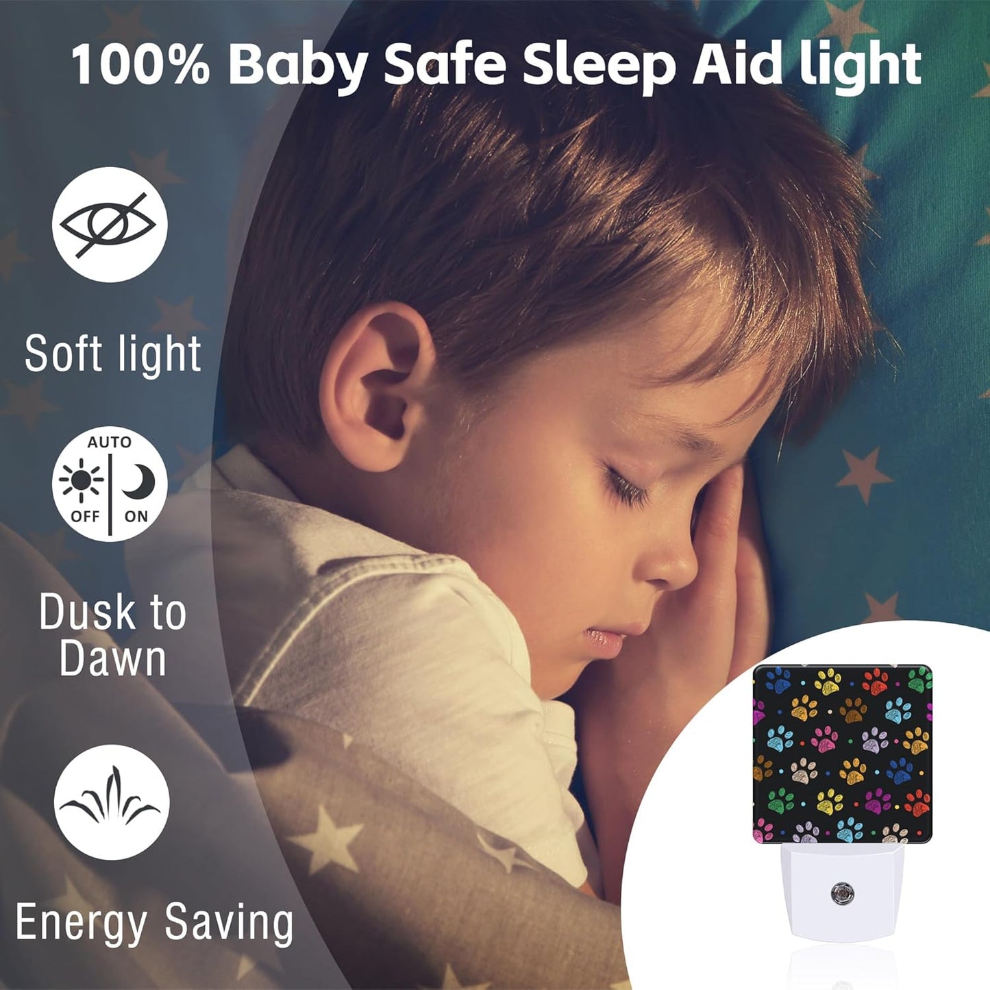 Colorful Paw Prints Night Light Plug into Wall, Animal Footprints Dusk to Dawn Night Light Plug in,0.5w Energy Saving Sleep Friendly NightLight for Kids Boys Girls Home Decor