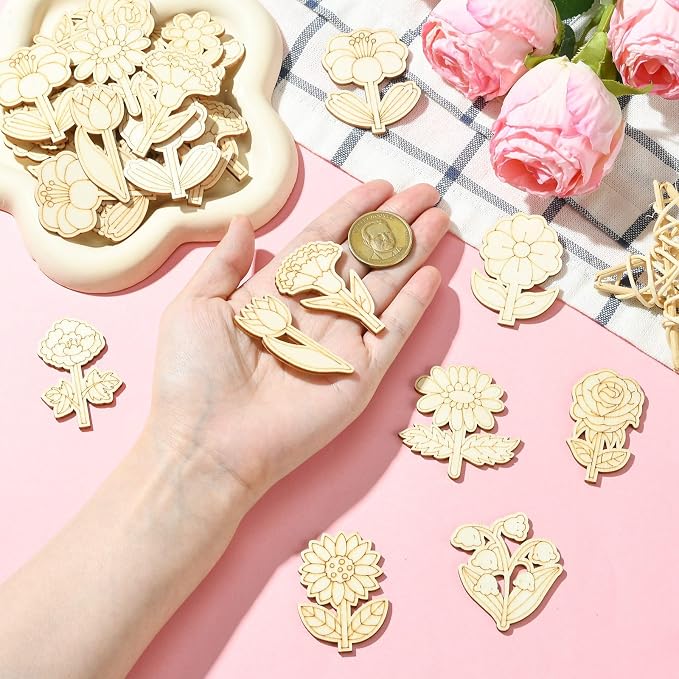 100 pcs Mixed Styles Cute Flower Theme Unfinished Wooden Cutout Charms